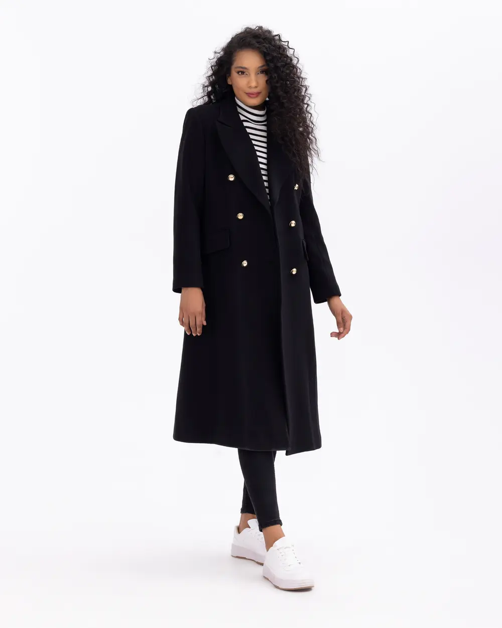 Button Detailed Double-Breasted Collared Coat