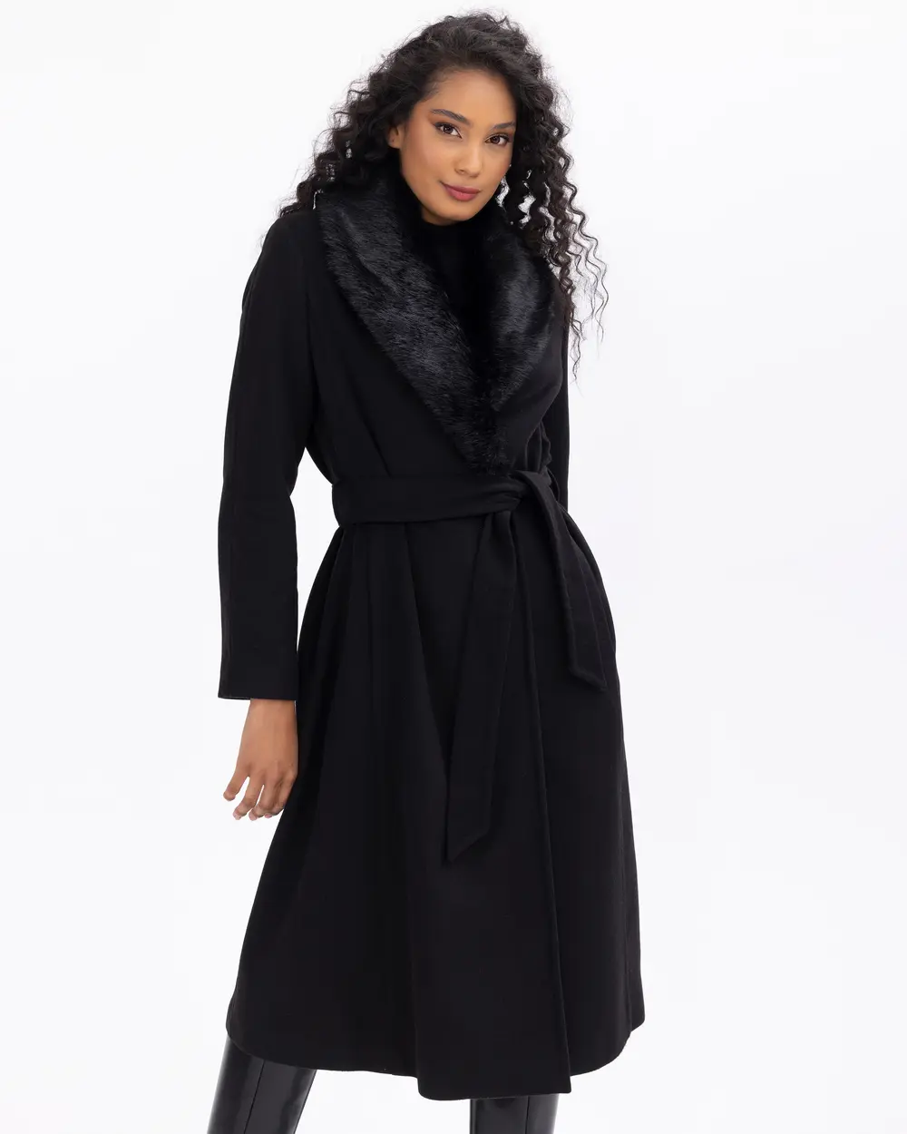 Belted Cashmere Coat with Faux Fur Collar