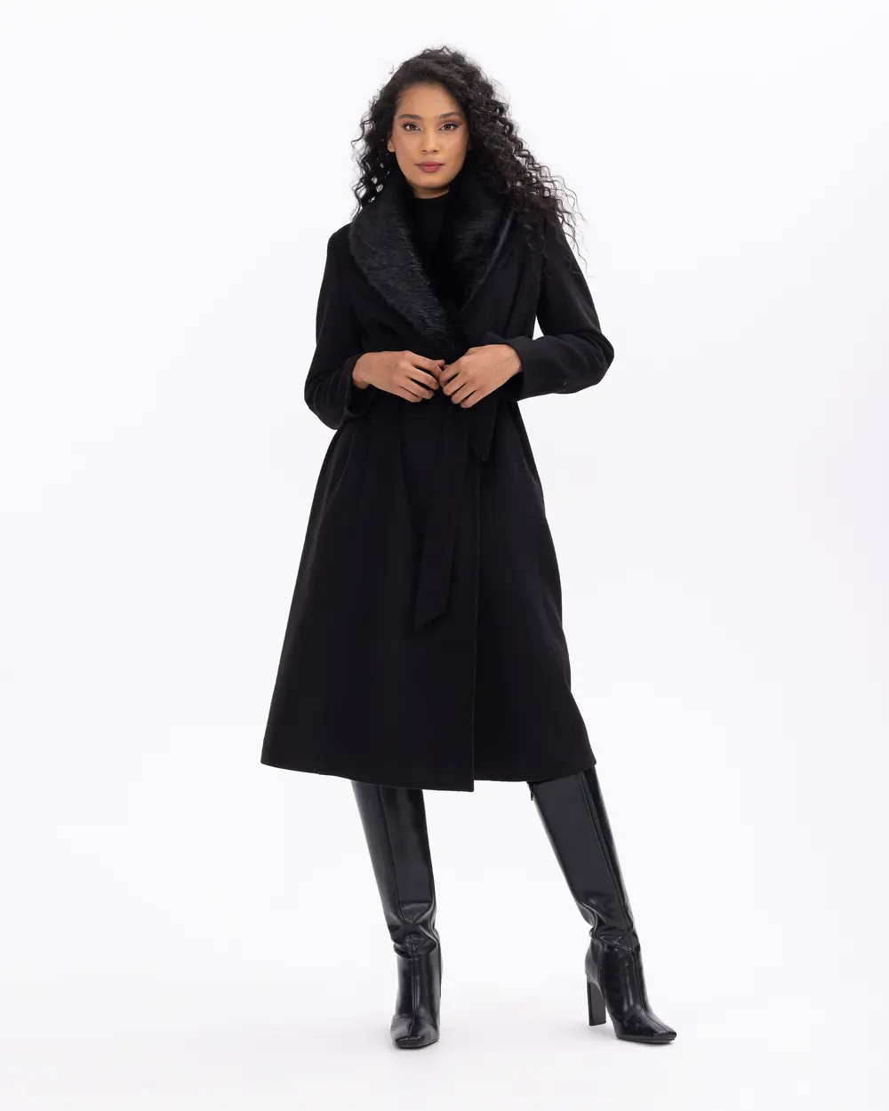 Belted Cashmere Coat with Faux Fur Collar