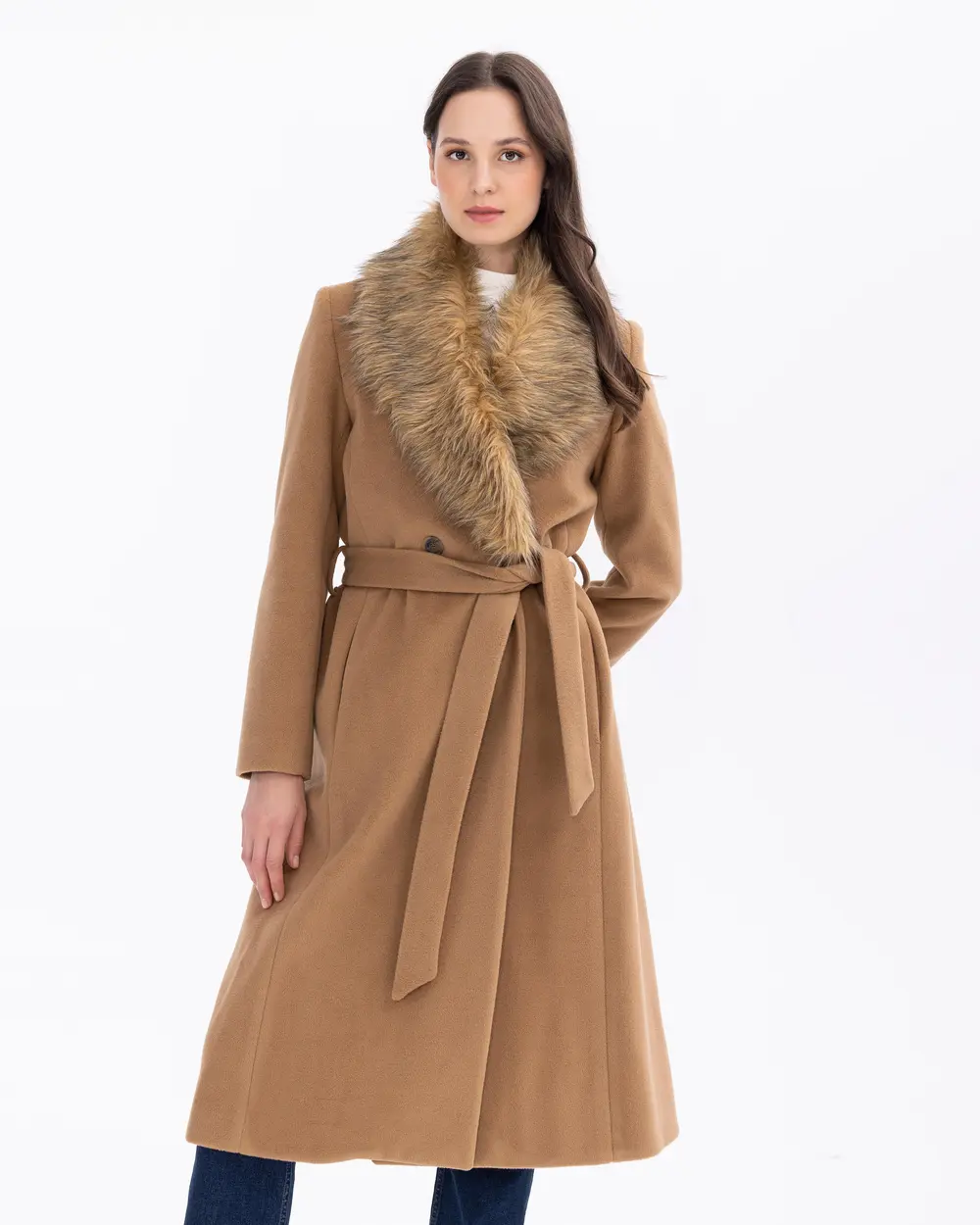 Belted Cashmere Coat with Faux Fur Collar