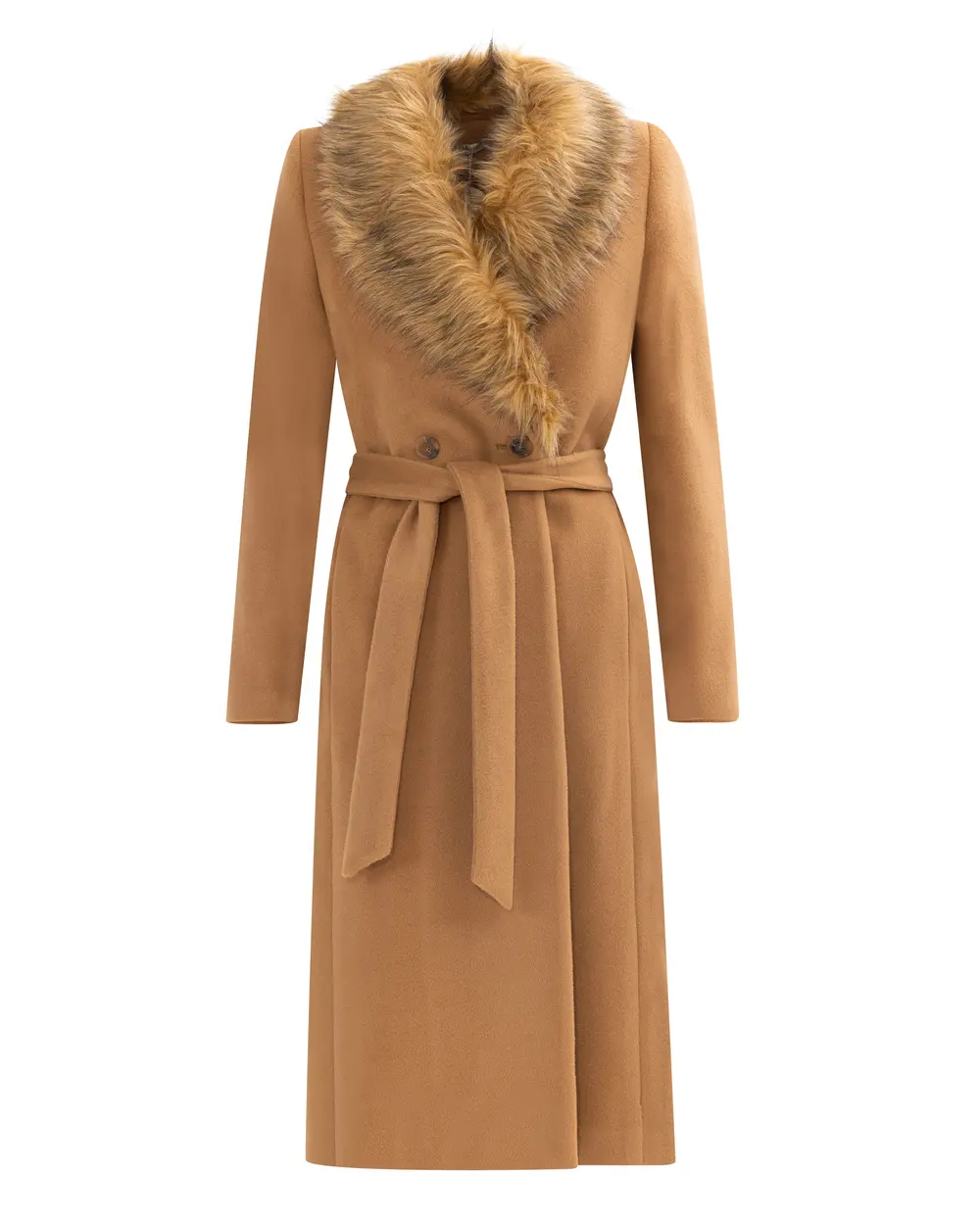 Belted Cashmere Coat with Faux Fur Collar