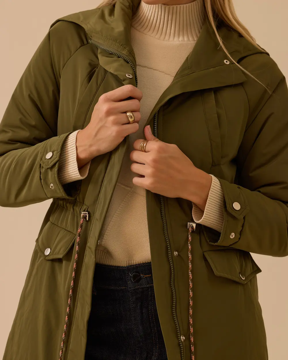 Lace Waist Pocket Detailed Anorak Coat