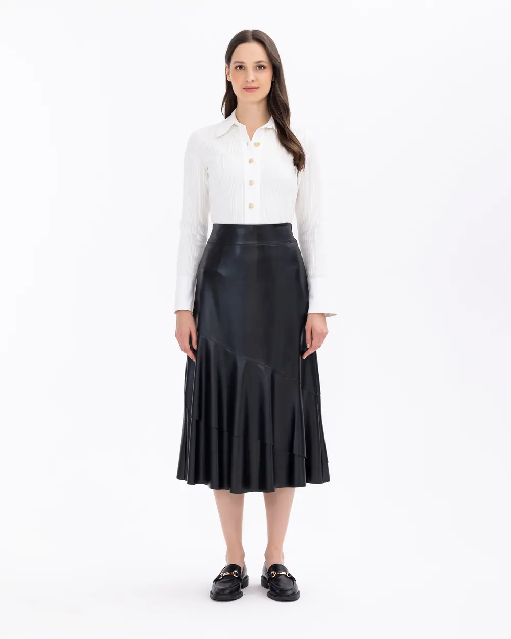 Volanlı Midi Boy Suni Deri Etek