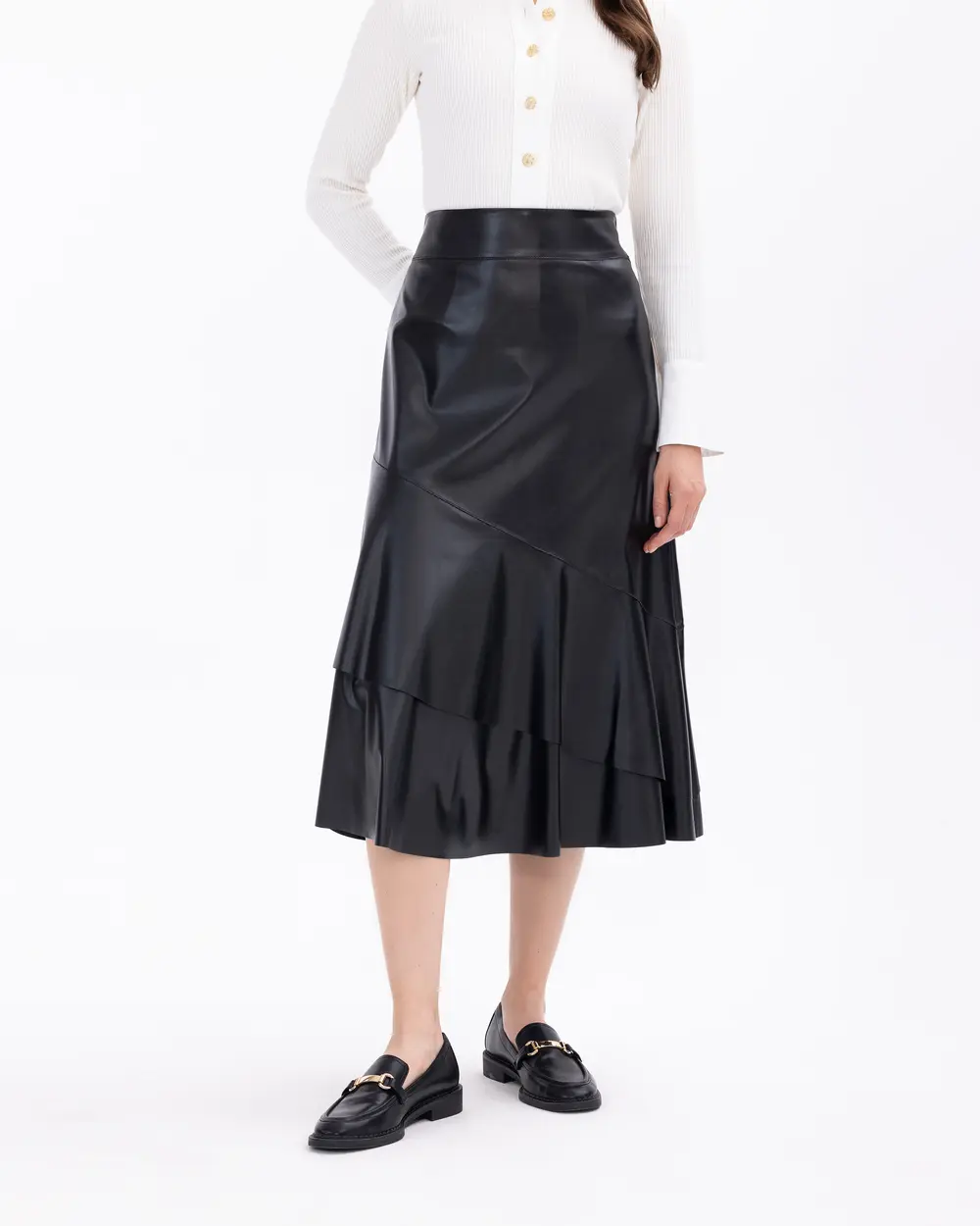 Volanlı Midi Boy Suni Deri Etek