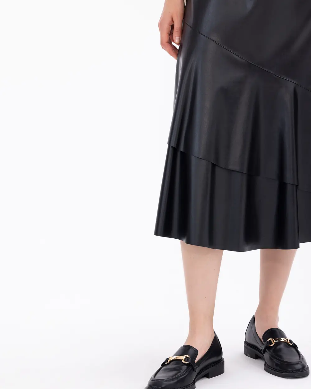 Volanlı Midi Boy Suni Deri Etek