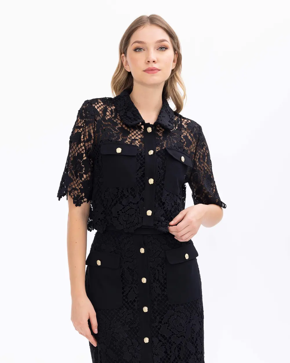 Crop Cut Pocketed Lace Shirt