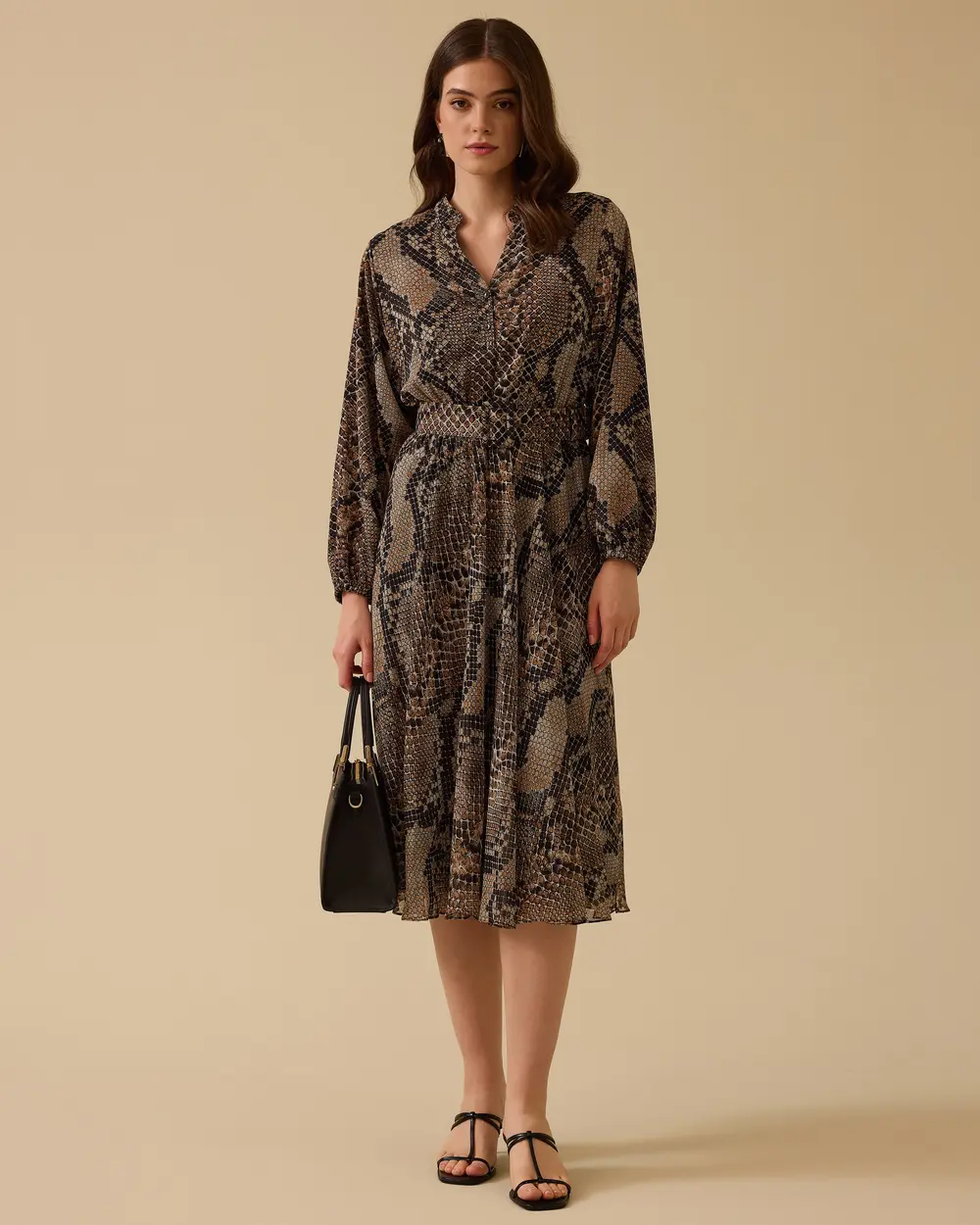 Belted Waist Patterned Midi Chiffon Dress