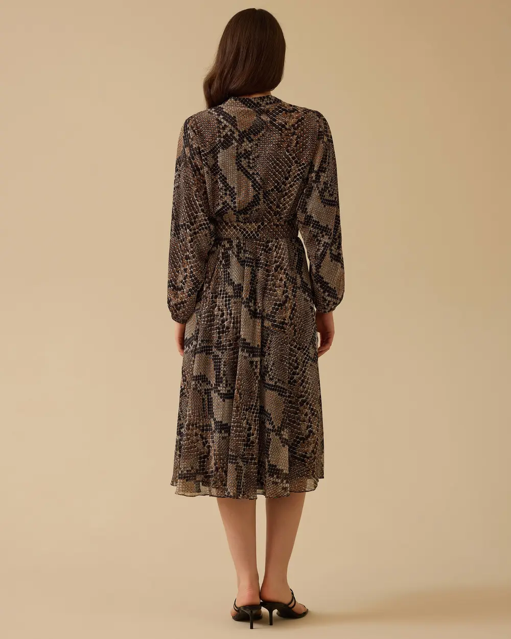 Belted Waist Patterned Midi Chiffon Dress