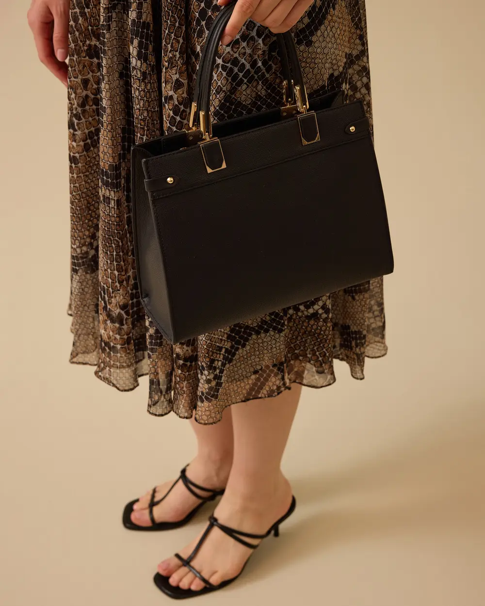 Belted Waist Patterned Midi Chiffon Dress