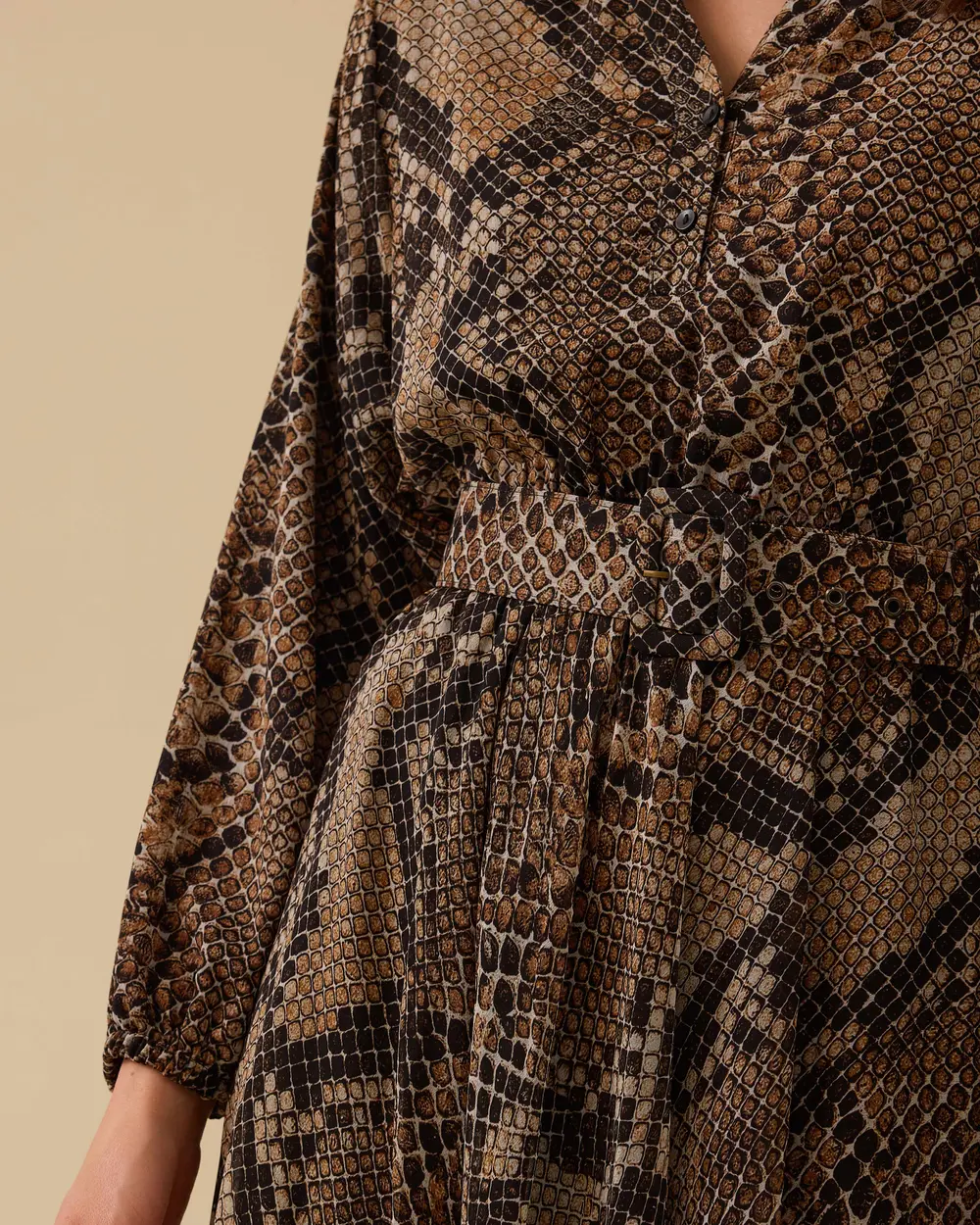 Belted Waist Patterned Midi Chiffon Dress