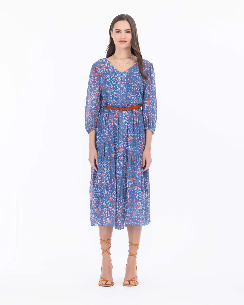 Floral Pattern Belted Chiffon Dress