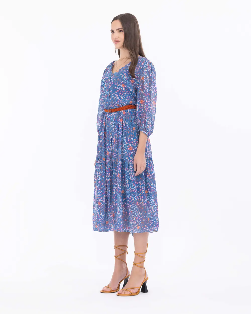 Floral Pattern Belted Chiffon Dress