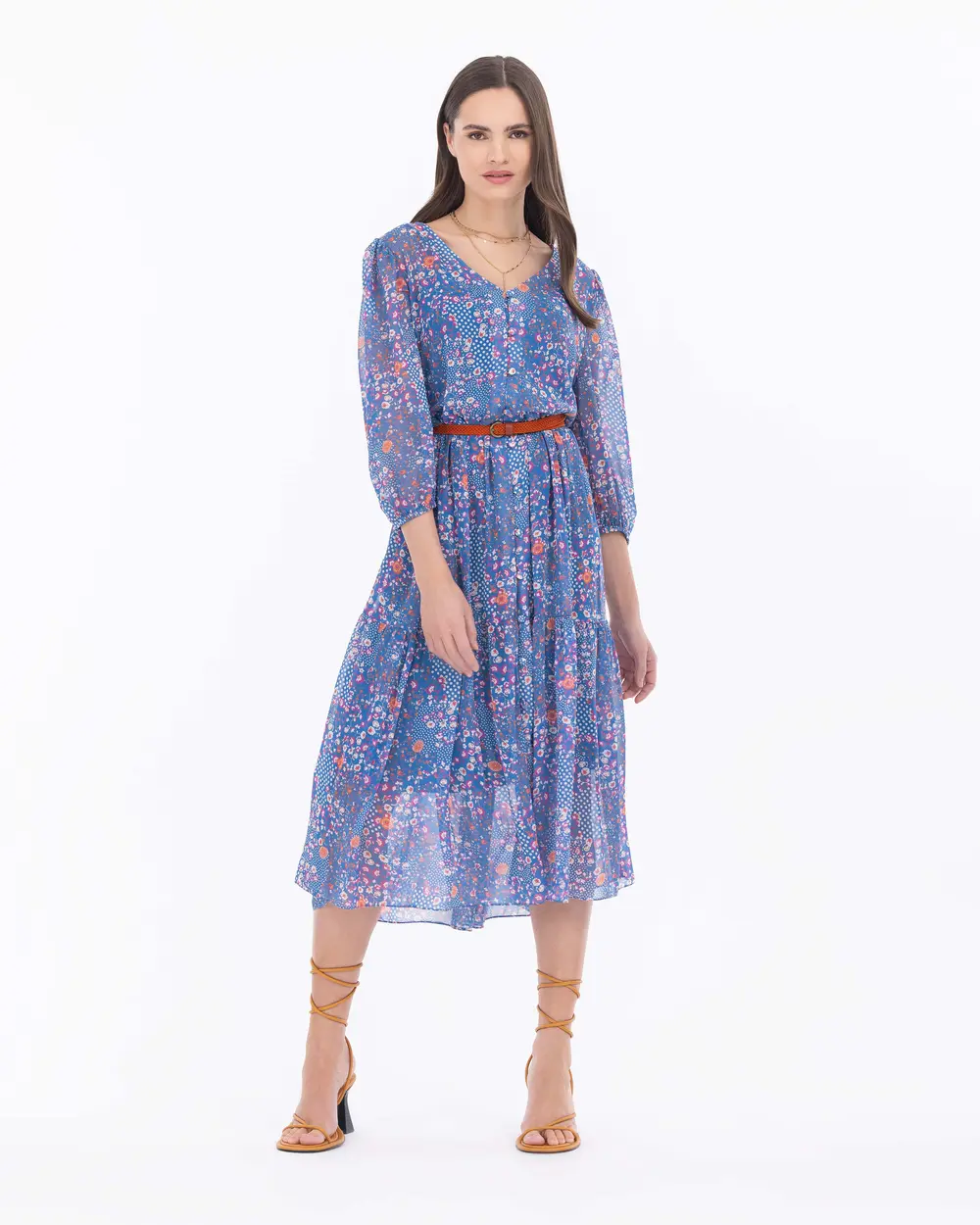 Çiçek Desen Kemerli Şifon Elbise