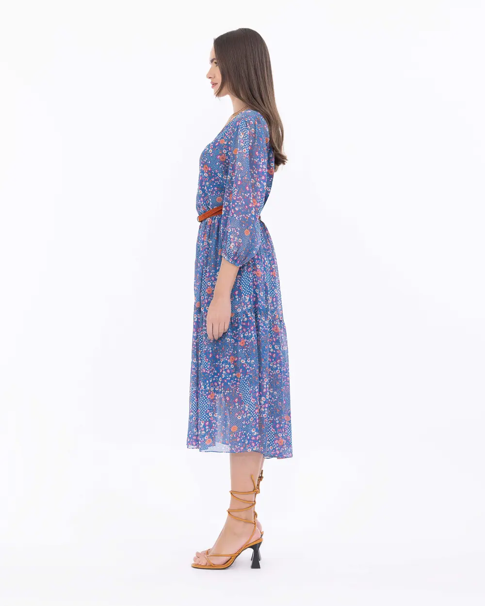 Floral Pattern Belted Chiffon Dress