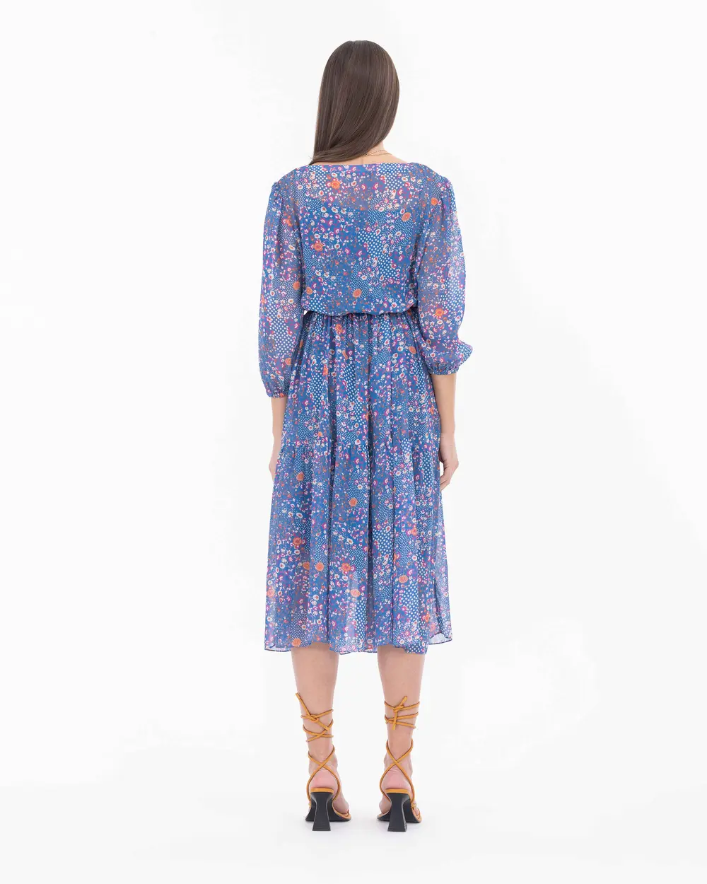 Çiçek Desen Kemerli Şifon Elbise