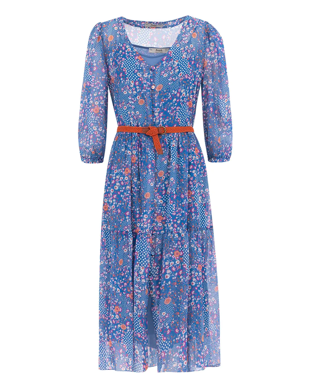 Floral Pattern Belted Chiffon Dress