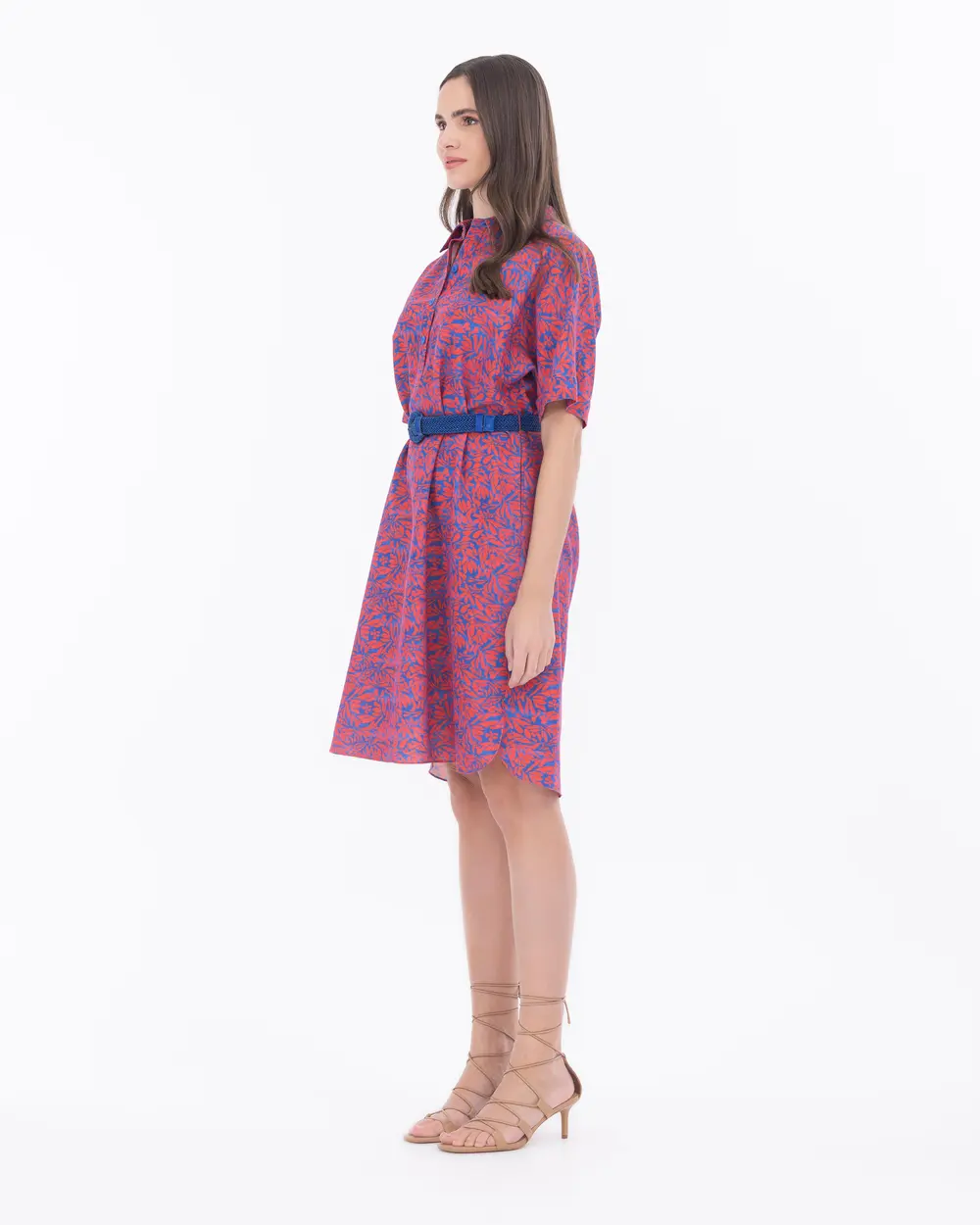 Çiçek Desen Polo Yaka Kemerli Elbise