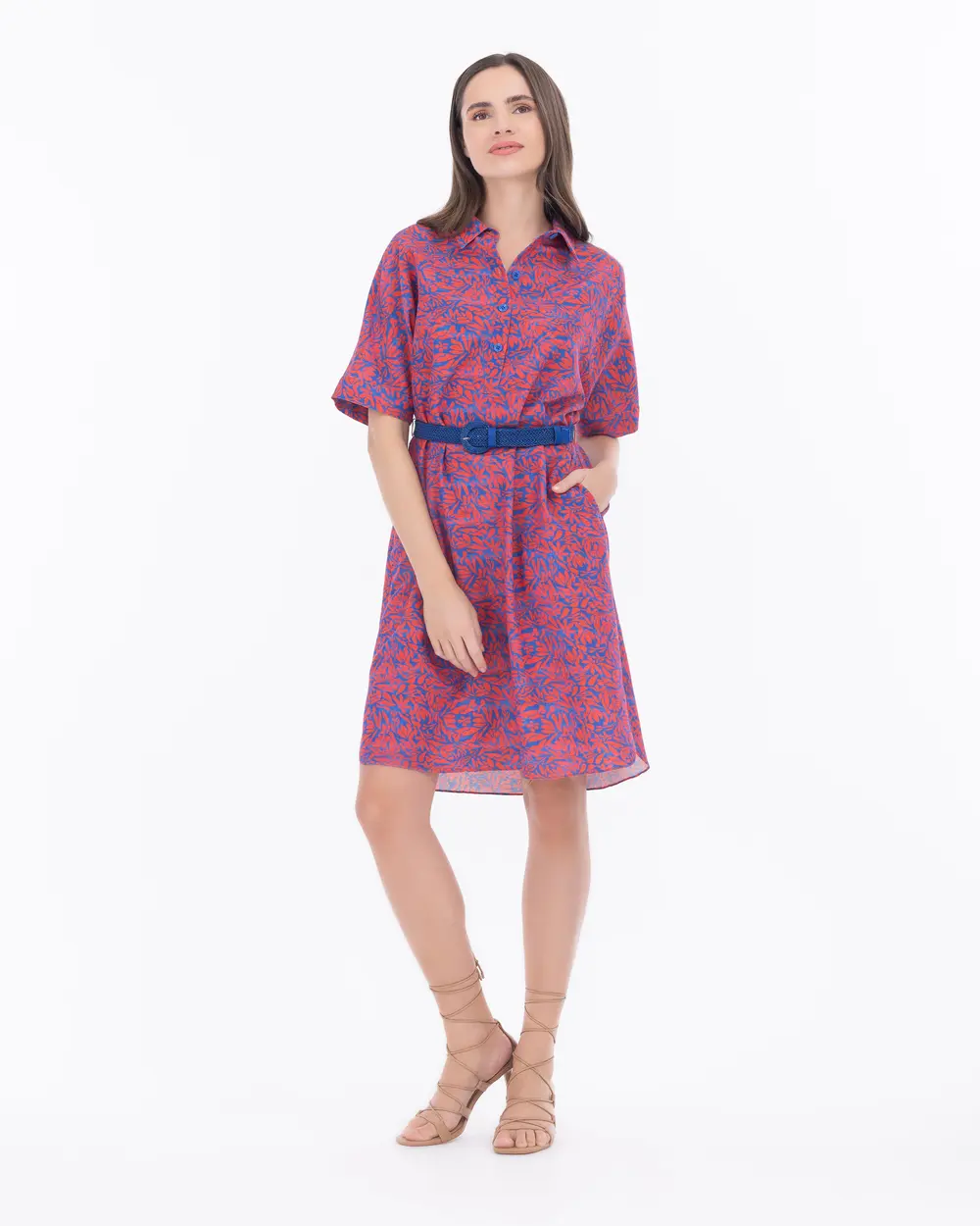 Çiçek Desen Polo Yaka Kemerli Elbise