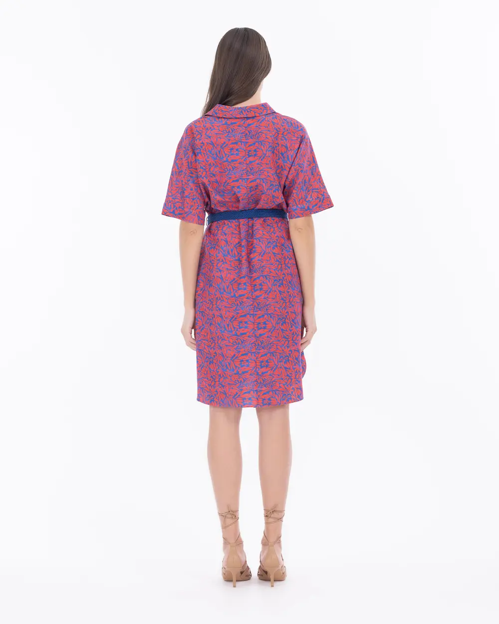 Çiçek Desen Polo Yaka Kemerli Elbise