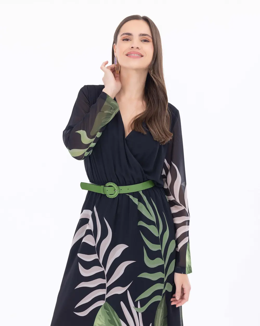 Tropical Patterned Double Breasted Collar Dress