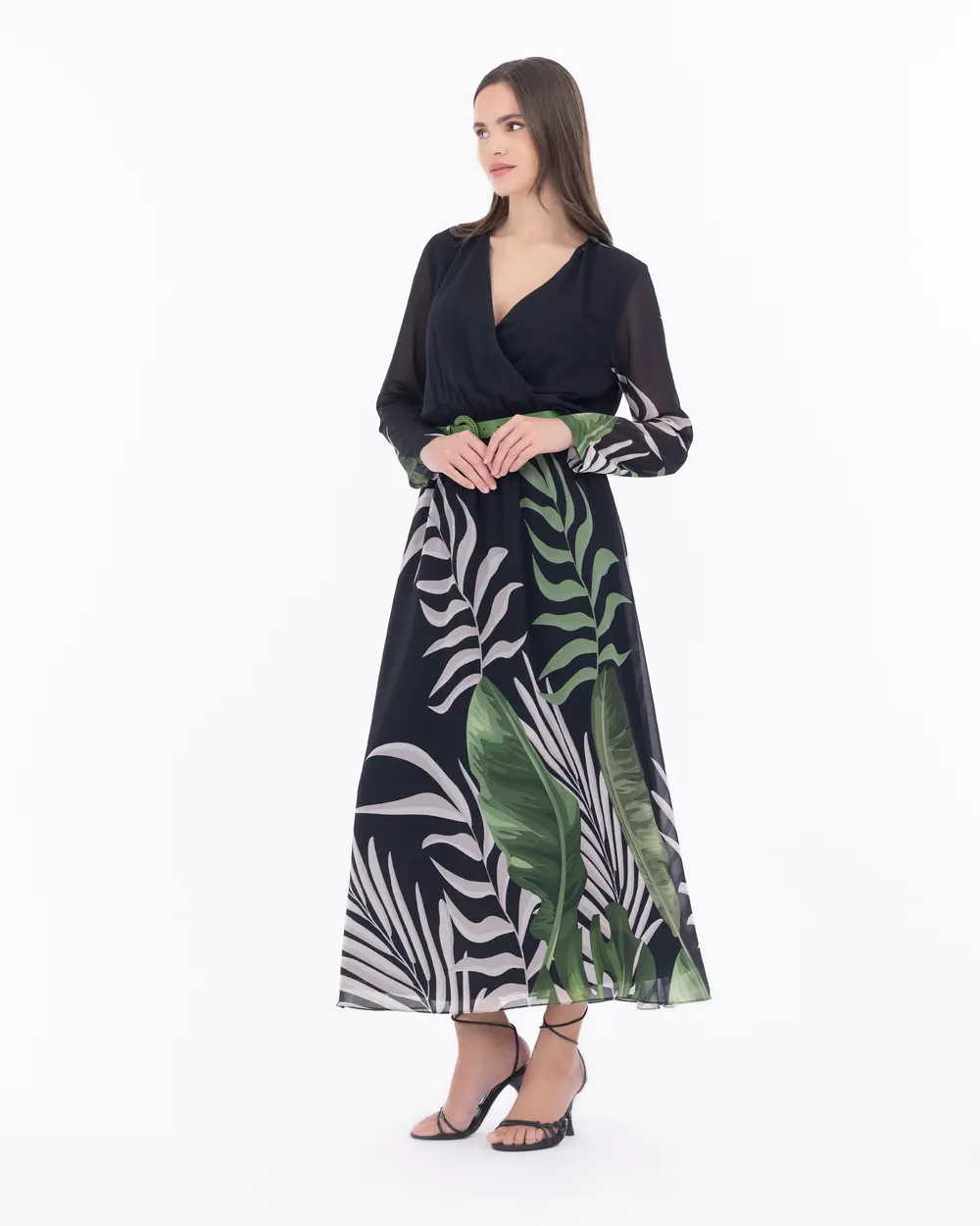 Tropical Patterned Double Breasted Collar Dress