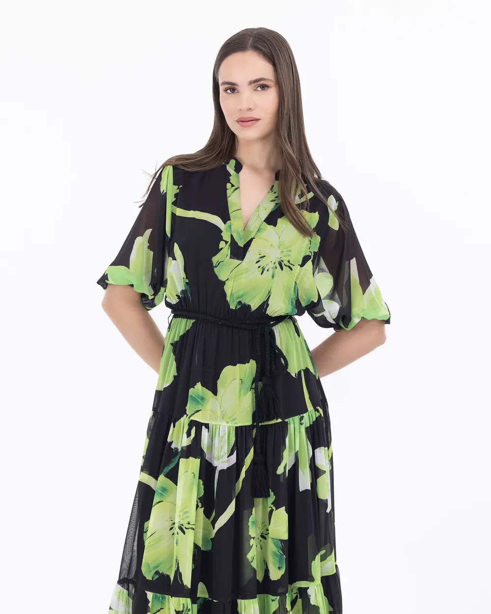 Çiçek Desen Elastik Bel Şifon Elbise