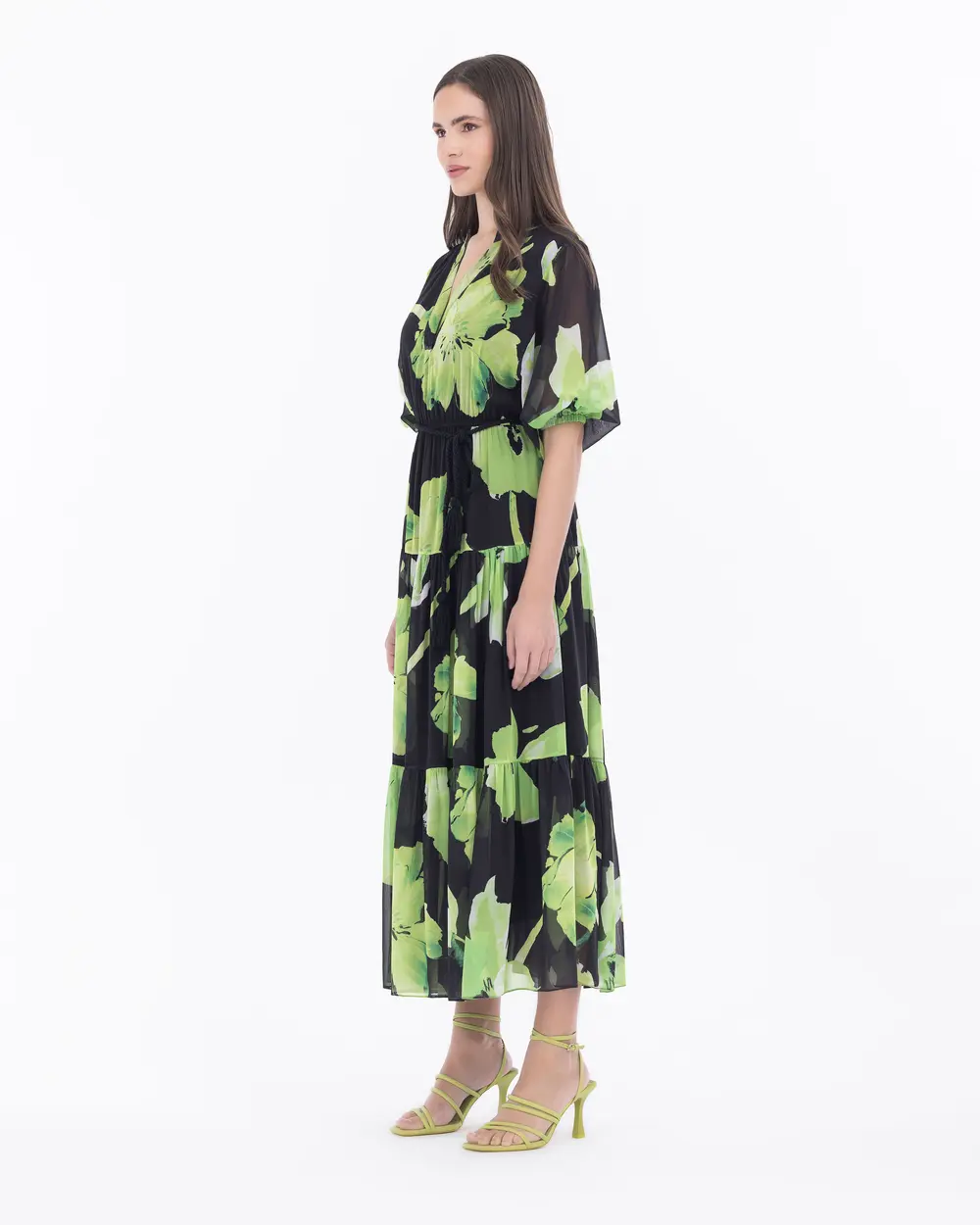 Çiçek Desen Elastik Bel Şifon Elbise