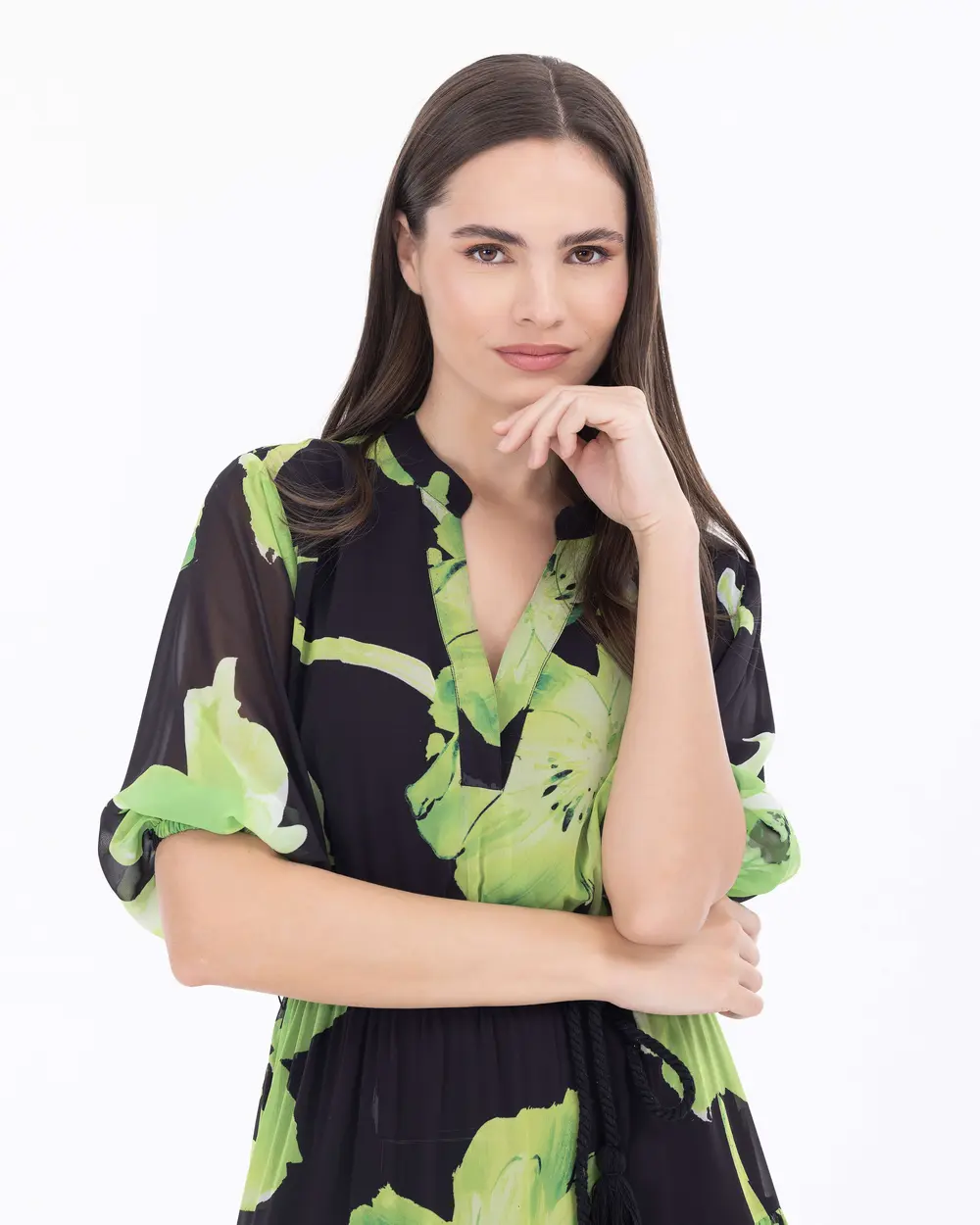 Çiçek Desen Elastik Bel Şifon Elbise