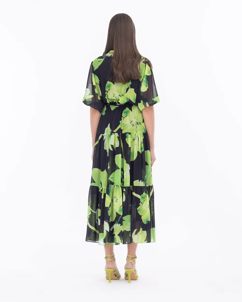 Çiçek Desen Elastik Bel Şifon Elbise