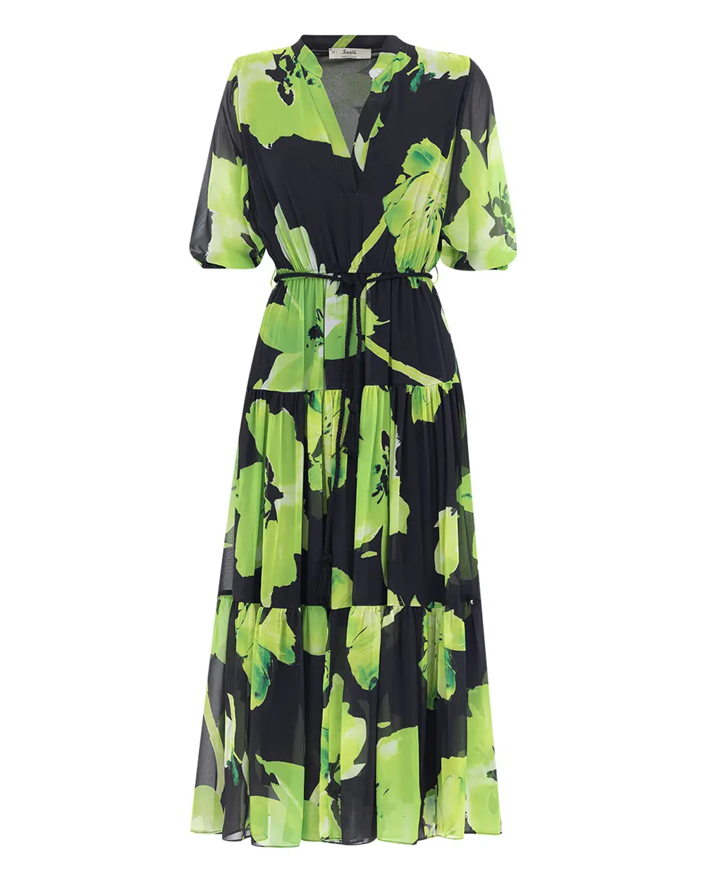 Çiçek Desen Elastik Bel Şifon Elbise