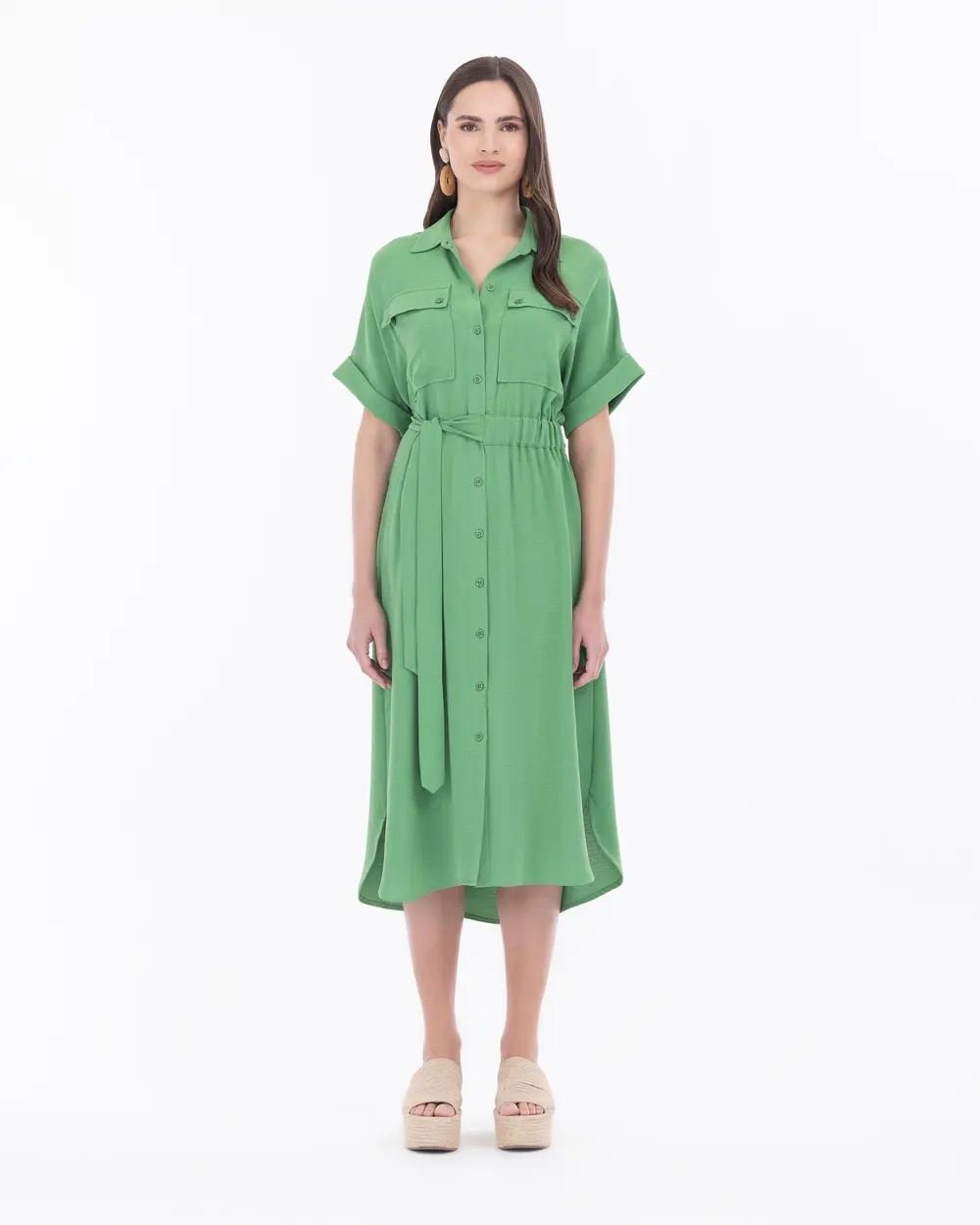 Waist Detailed Midi Length Shirt Collar Dress