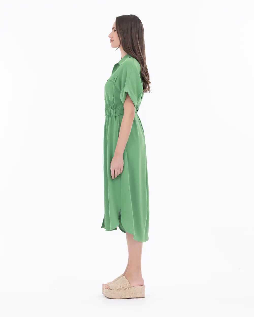 Waist Detailed Midi Length Shirt Collar Dress