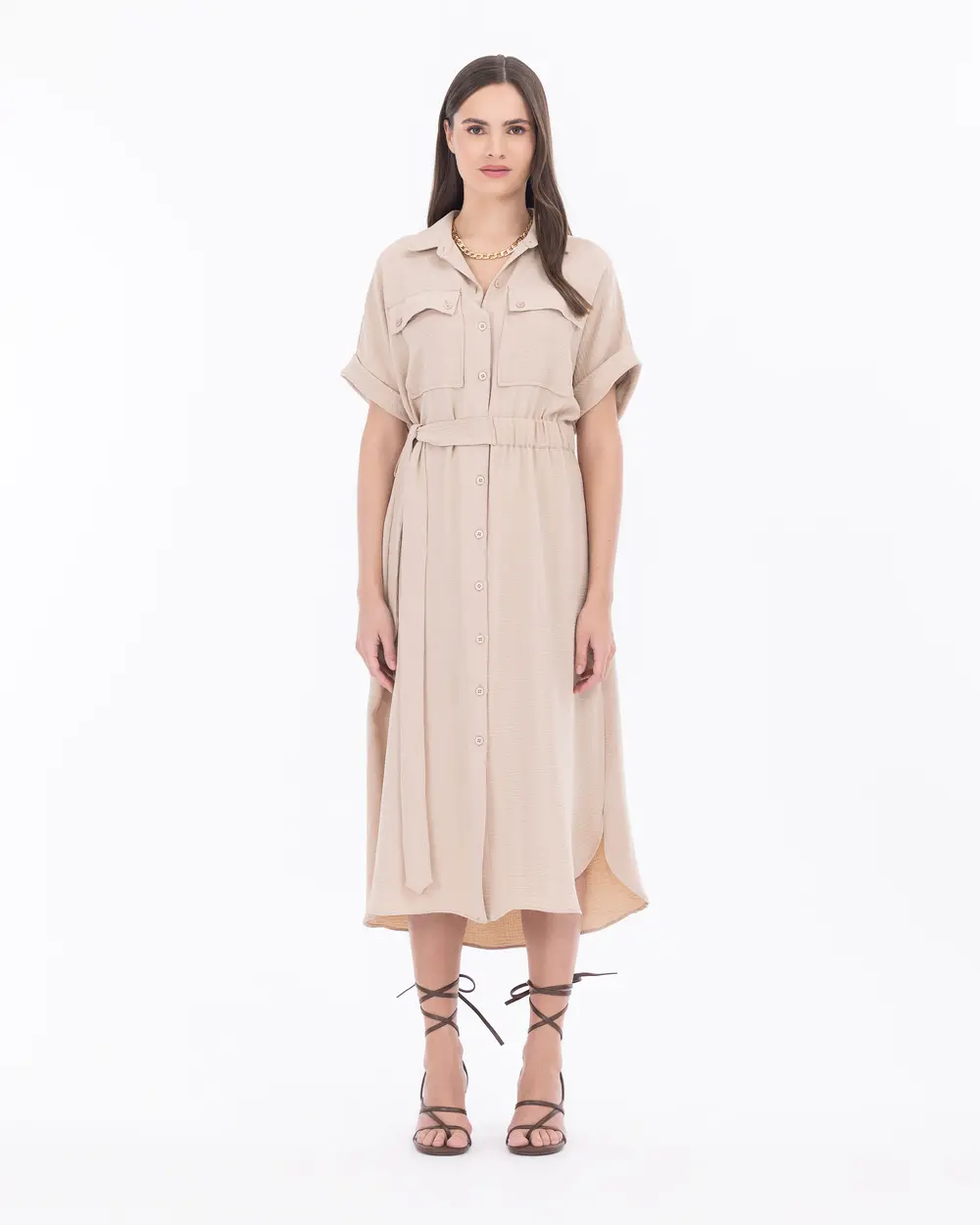 Waist Detailed Midi Length Shirt Collar Dress