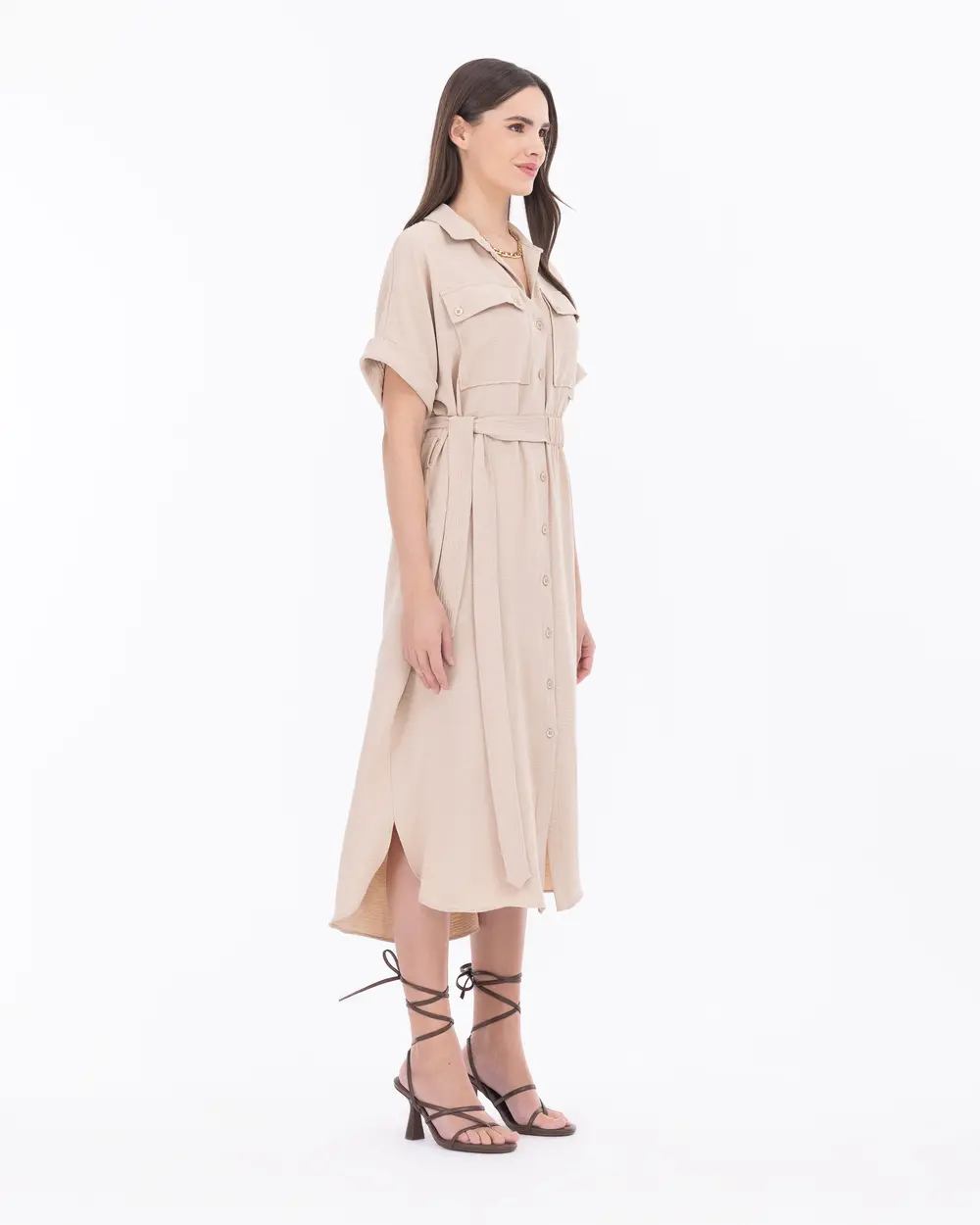 Waist Detailed Midi Length Shirt Collar Dress