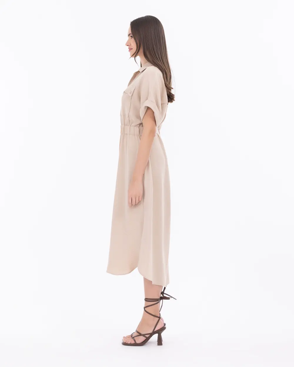 Waist Detailed Midi Length Shirt Collar Dress