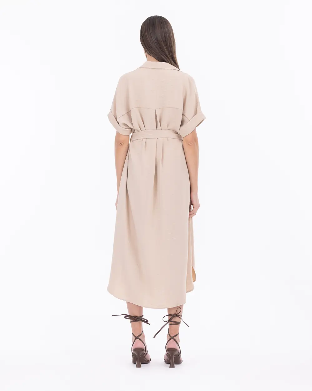 Waist Detailed Midi Length Shirt Collar Dress
