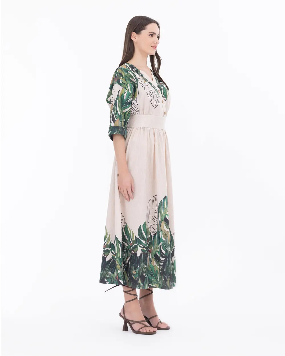 Tropical Patterned Midi Length V-Neck Dress