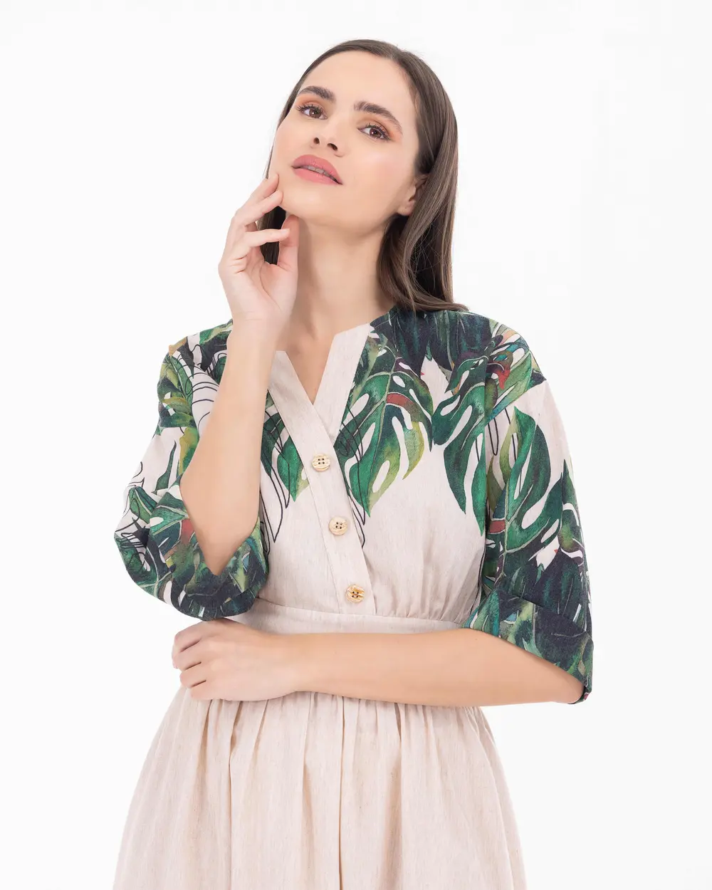 Tropical Patterned Midi Length V-Neck Dress