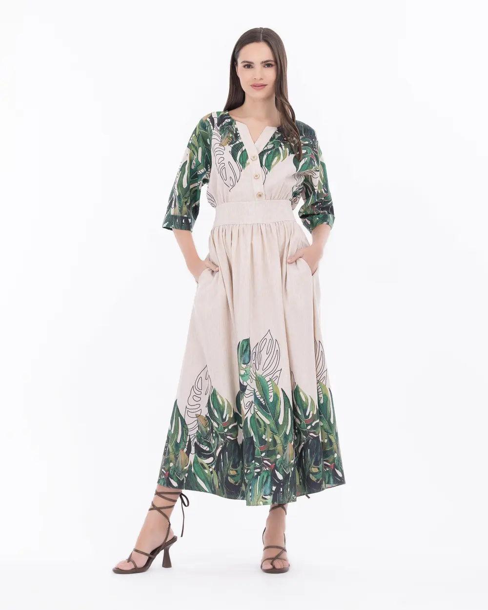 Tropical Patterned Midi Length V-Neck Dress