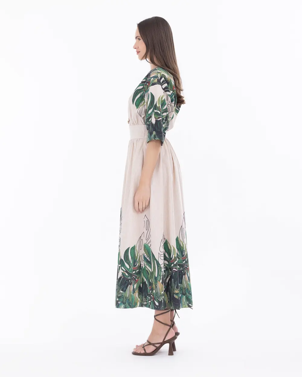 Tropical Patterned Midi Length V-Neck Dress