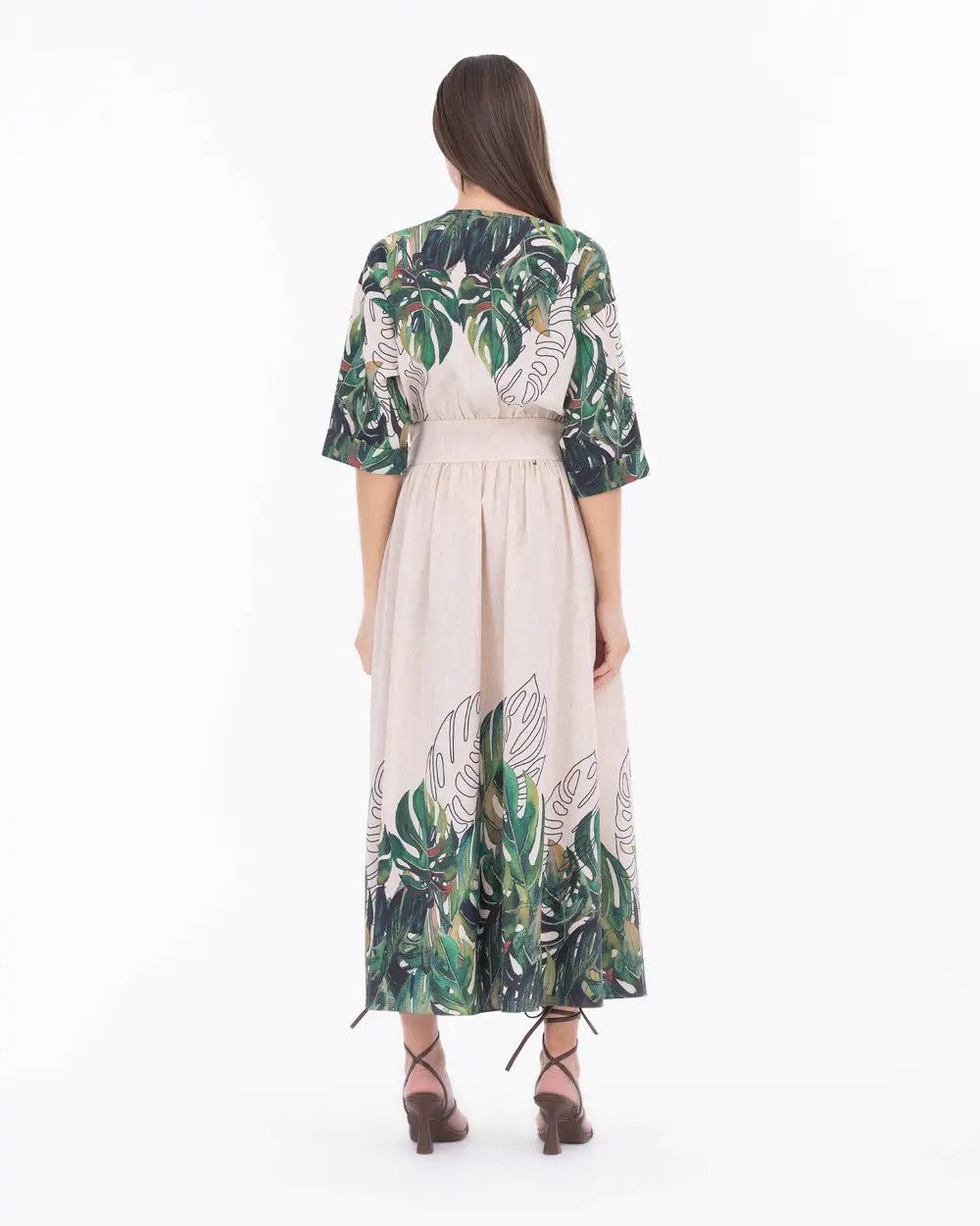 Tropical Patterned Midi Length V-Neck Dress