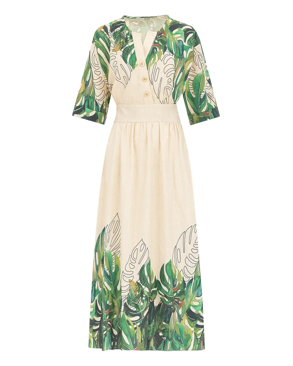 Tropical Patterned Midi Length V-Neck Dress