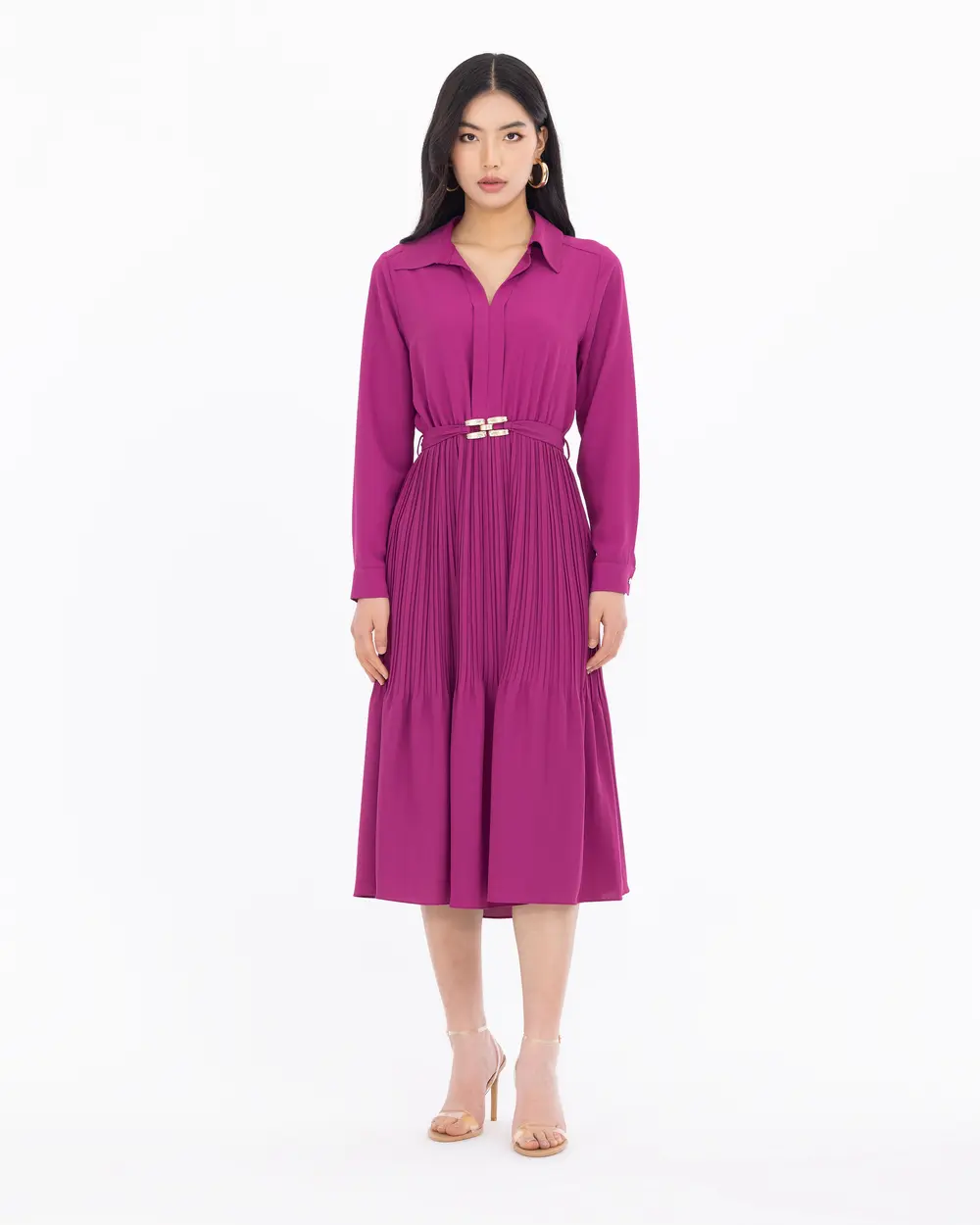 Pliseli Gömlek Yaka Bel Detaylı Elbise