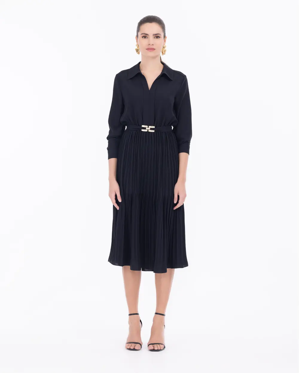 Pliseli Gömlek Yaka Bel Detaylı Elbise