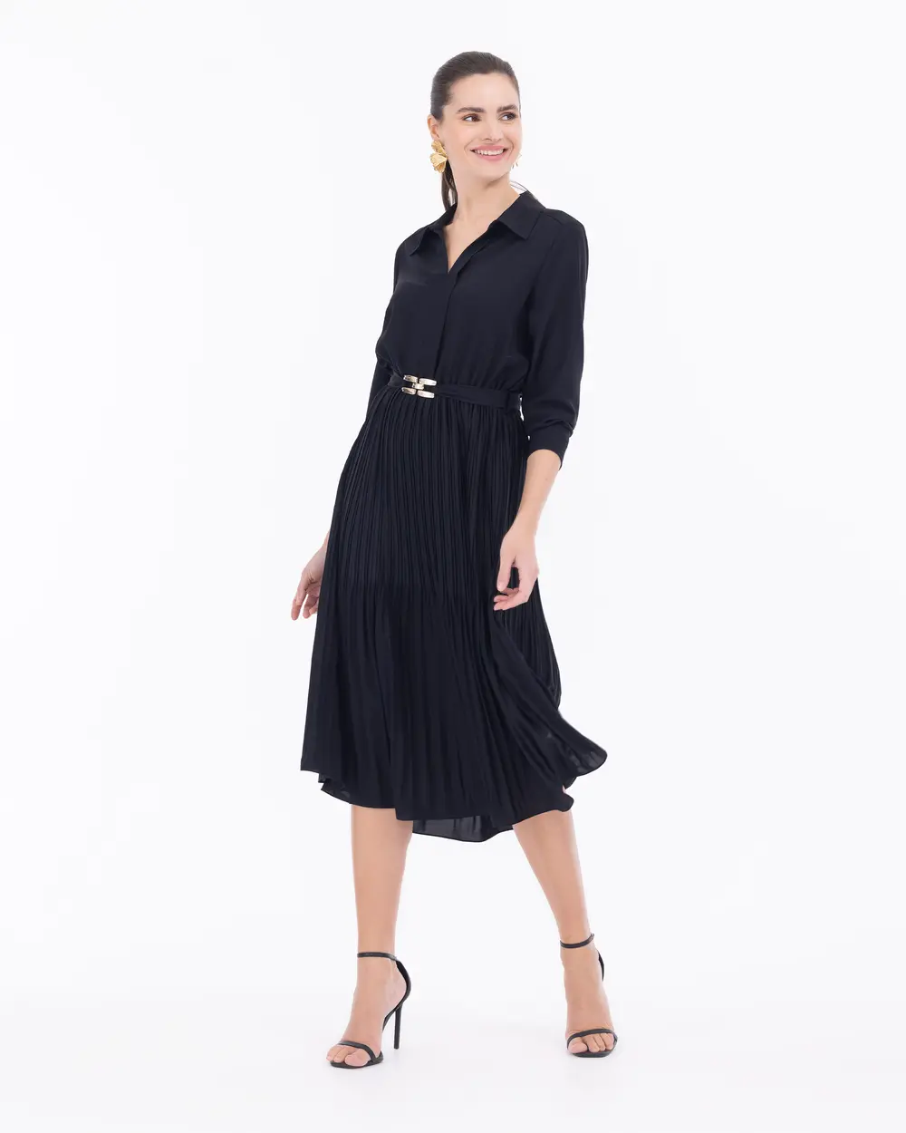 Pliseli Gömlek Yaka Bel Detaylı Elbise