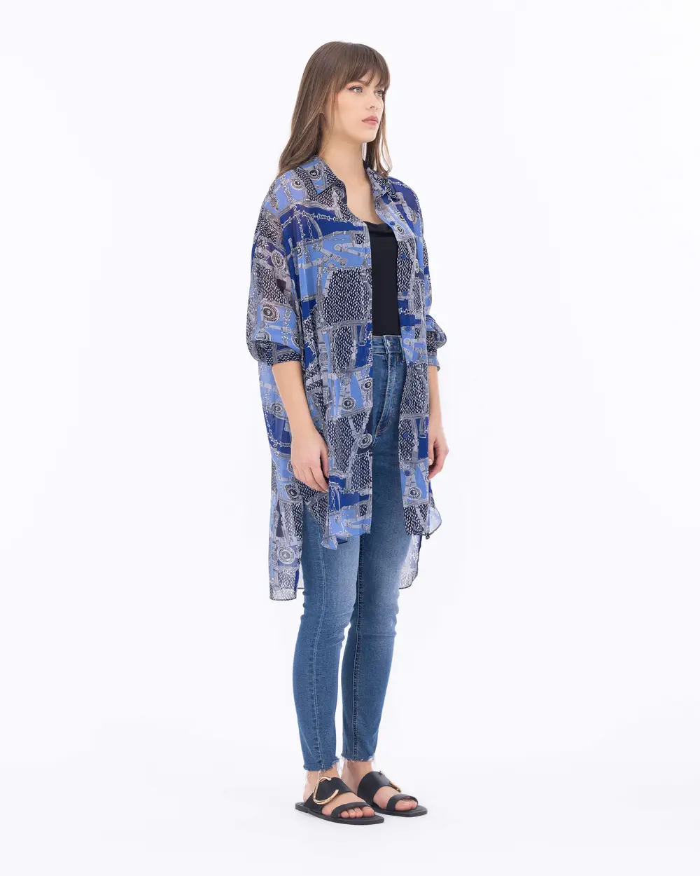 Patterned Low Sleeve Shirt Collar Tunic