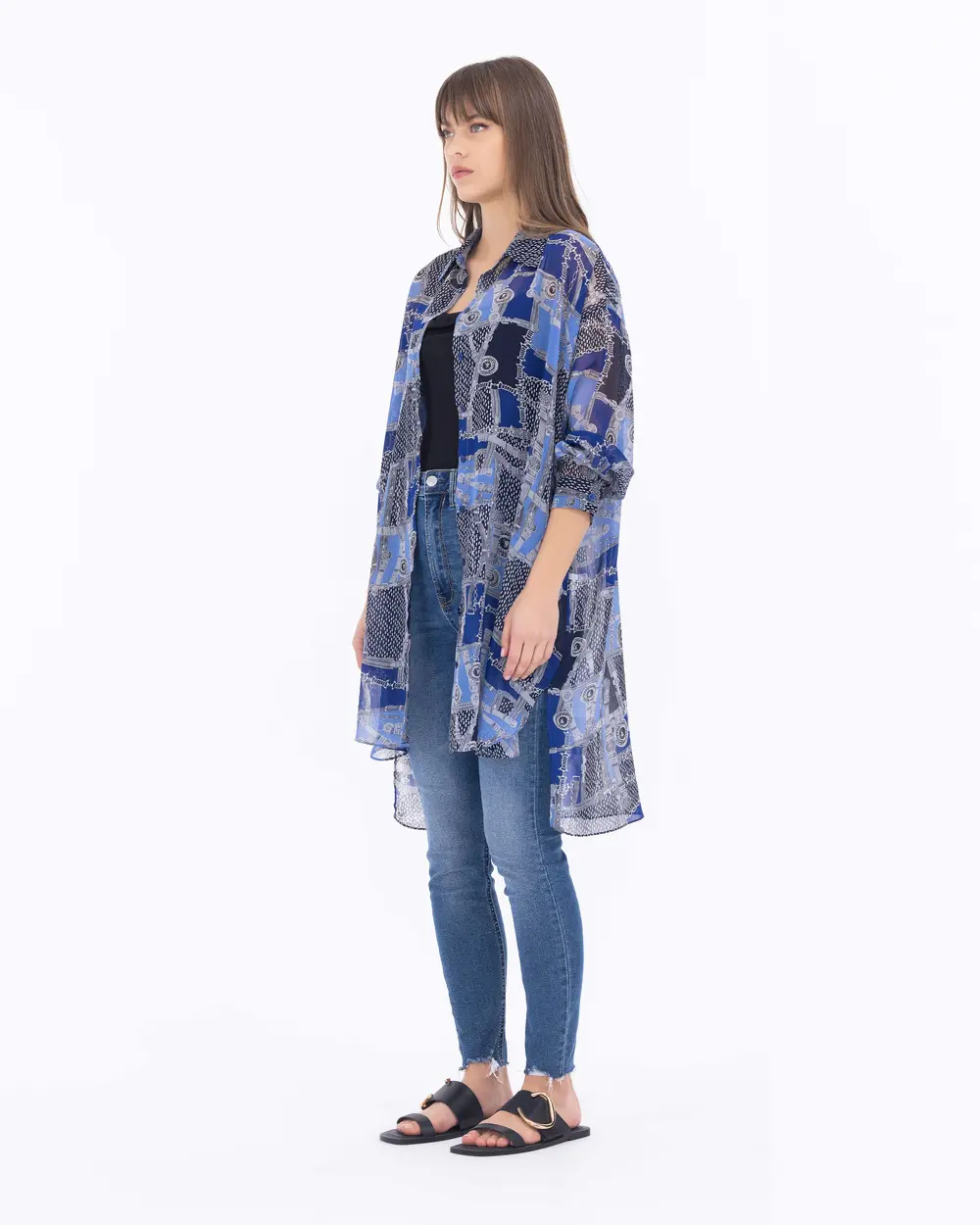 Desenli Düşük Kol Gömlek Yaka Tunik