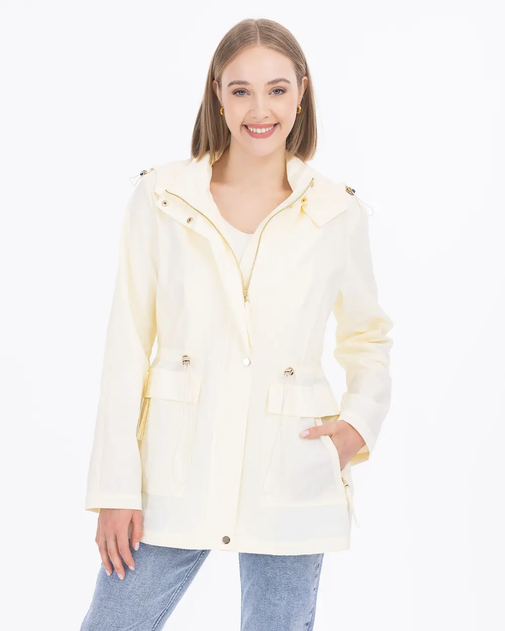 Hooded Collar Waist Pleated Trench Coat
