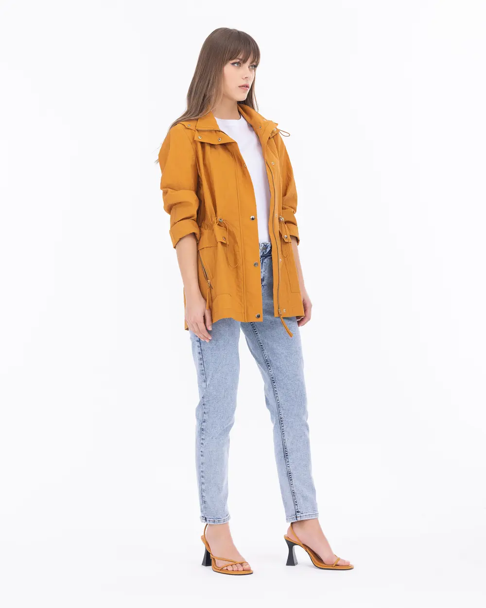 Hooded Collar Waist Pleated Trench Coat