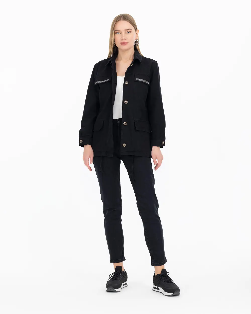 Kanvas Gömlek Yaka Taşlı Ceket